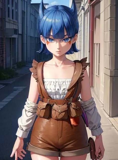 best quality, (masterpiece),(ultra-detailed), (high quality), (high resolution),<lora:add_detail:0.5> , <lora:coin-10:0.7>,coin, 1girl, solo, short hair, bangs, blue eyes, skirt, hair between eyes, blue hair, facial mark, collarbone, cowboy shot, belt, blunt bangs, torn clothes, pouch, sarashi, facepaint, jumpsuit, brown bag