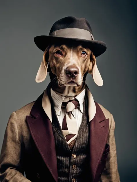 dog、White French Bulldog、Standing on two legs、Wearing a hat、Has a hammer