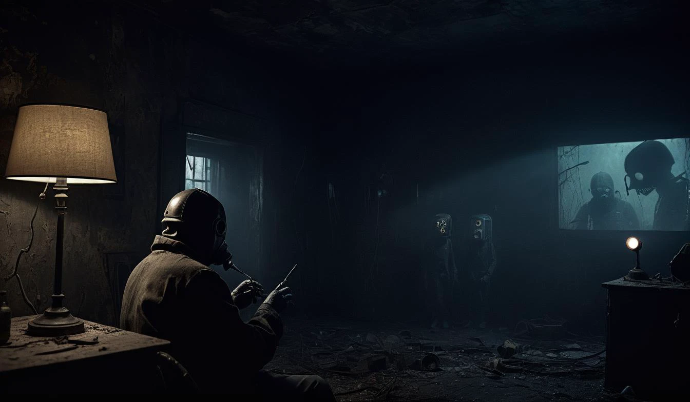 <lora:SDXL Grab-Bag-2 - Gasmask Guys - Trigger is grbtw artstyle:1>, , Film scene starring grbtw artstyle , amidst the decayed props of a haunted house attraction, with shadows playing tricks, shot in low light, eliciting chills of forgotten fears.
