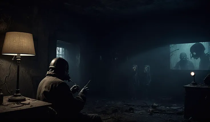 <lora:SDXL Grab-Bag-2 - Gasmask Guys - Trigger is grbtw artstyle:1>, , Film scene starring grbtw artstyle , amidst the decayed props of a haunted house attraction, with shadows playing tricks, shot in low light, eliciting chills of forgotten fears.