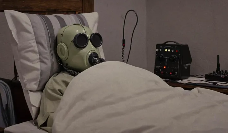 <lora:SDXL Grab-Bag-2 - Gasmask Guys - Trigger is grbtw artstyle:1>, , scene where grbtw artstyle invents a pillow that records dreams, but accidentally plays back a marathon of wacky nightmares, emphasizing surreal sleep sequences.