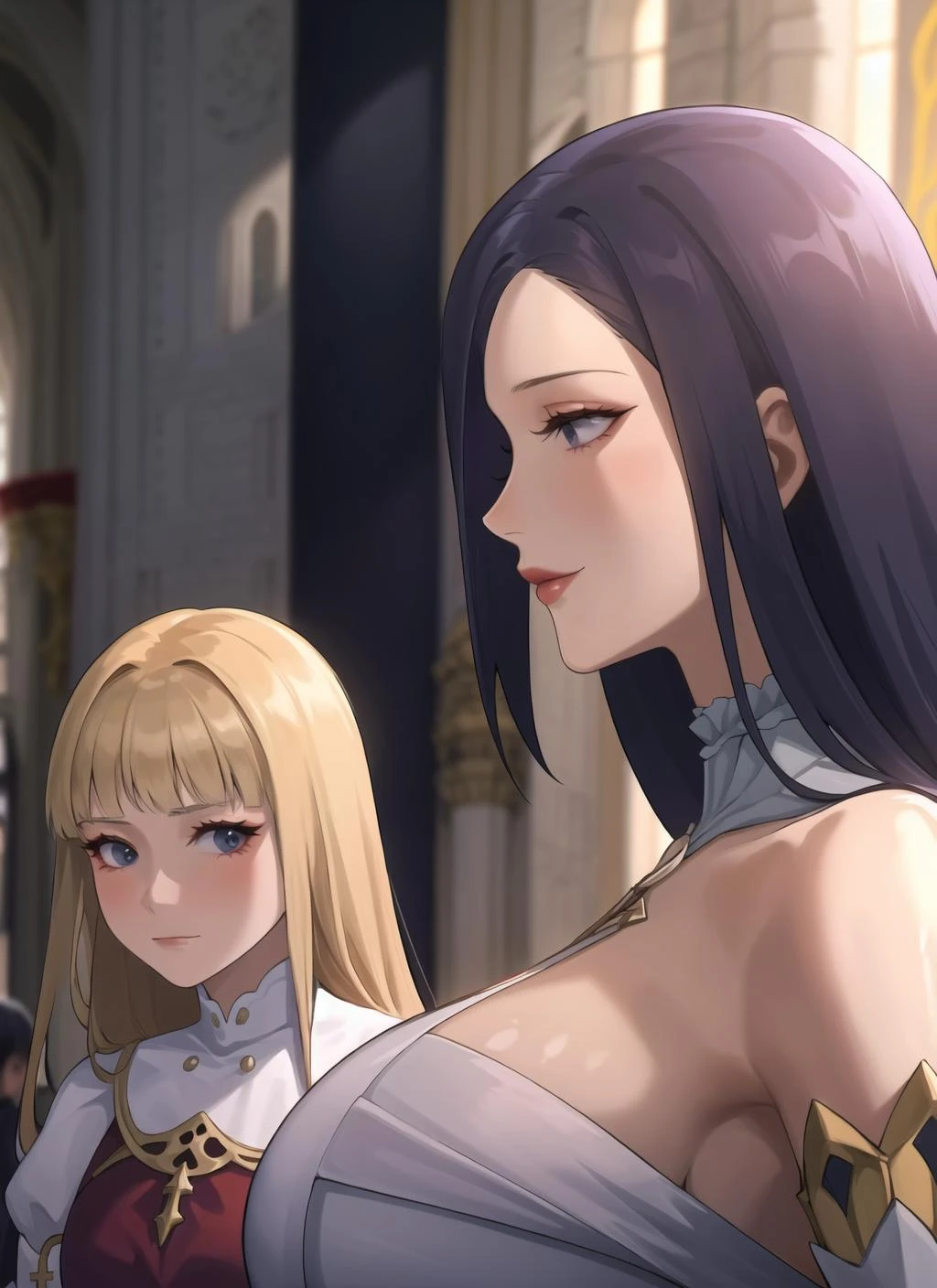 looking at another, 2girls, indoors, volumetric lighting, large breasts, dress, palace, church, closed mouth, <lora:staring_meme_v1:1>