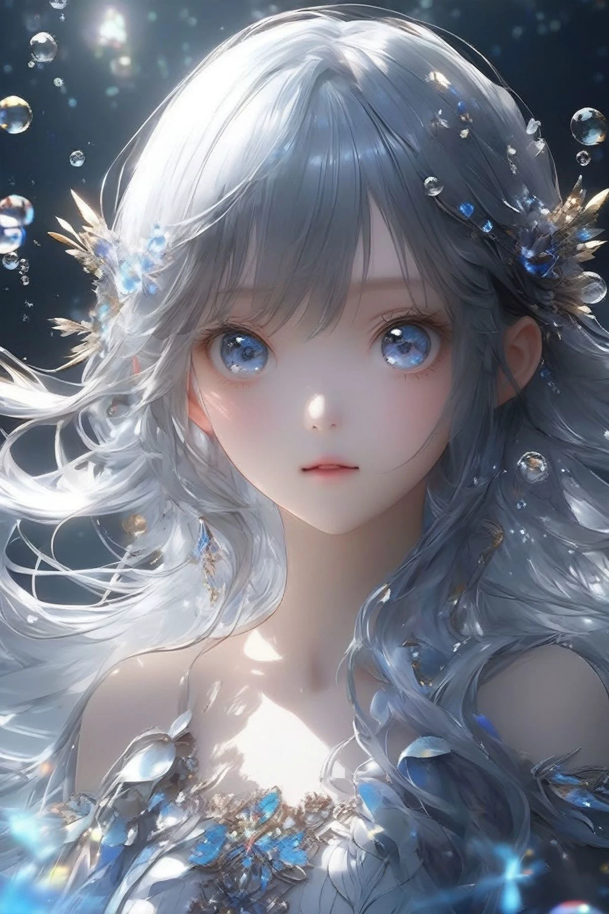 masterpiece,extremely best quality, official art, cg 8k wallpaper, (Fantasy Style:1.1),
(face focus upper body:1.2), (face focus, cute, masterpiece, best quality, 1girl, black background, solo, standing, pixiv:1),3d, looking up,
light particle, highly detailed, best lighting, pixiv, depth of field, (beautiful face), fine water surface, incredibly detailed, (an extremely beautiful), (best quality)
