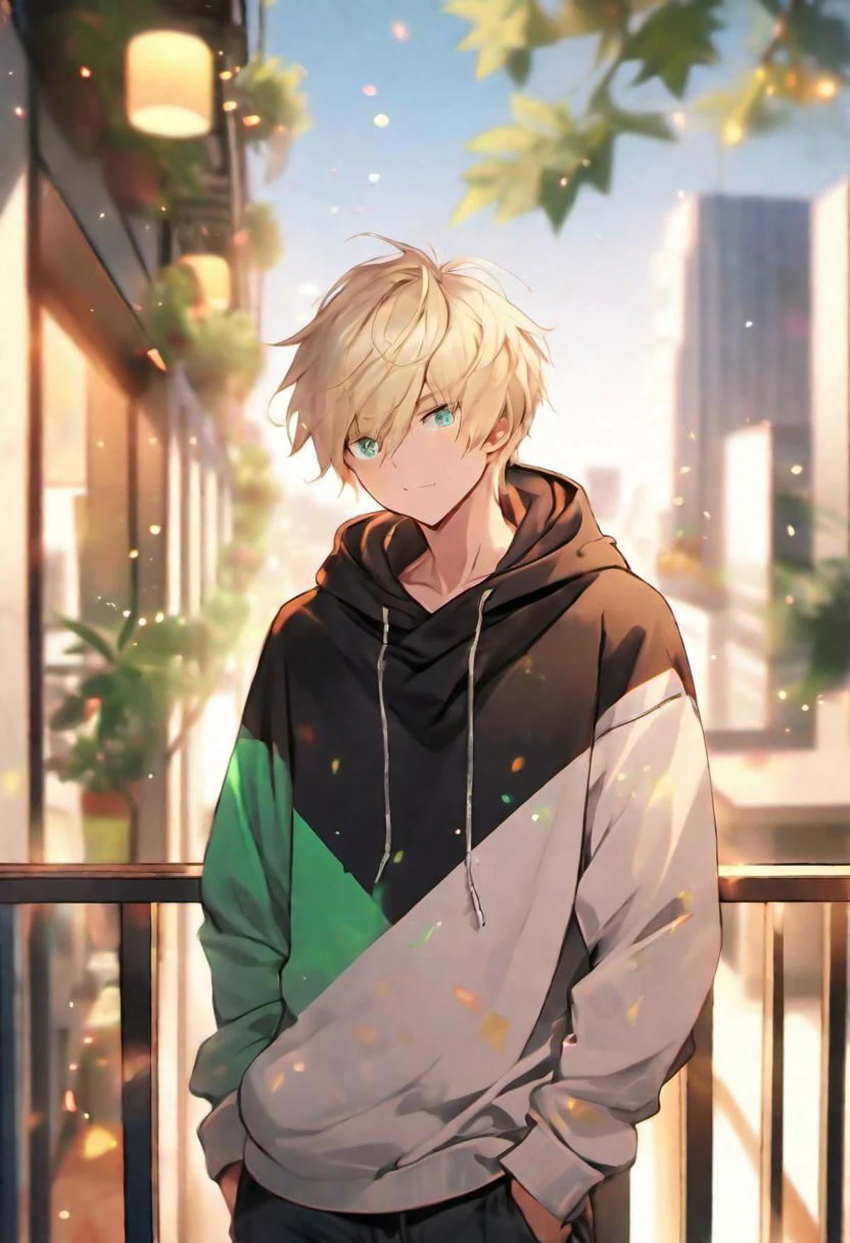 black hoodie, adult male, BREAK, narrow emerald eyes, short blond hair, side bangs, calm expression, BREAK, warm colours, BREAK, wallpaper, balcony, BREAK, absurdres, masterpiece, BREAK, <lora:Festive_Bokeh_Anime:0.5>,mioha