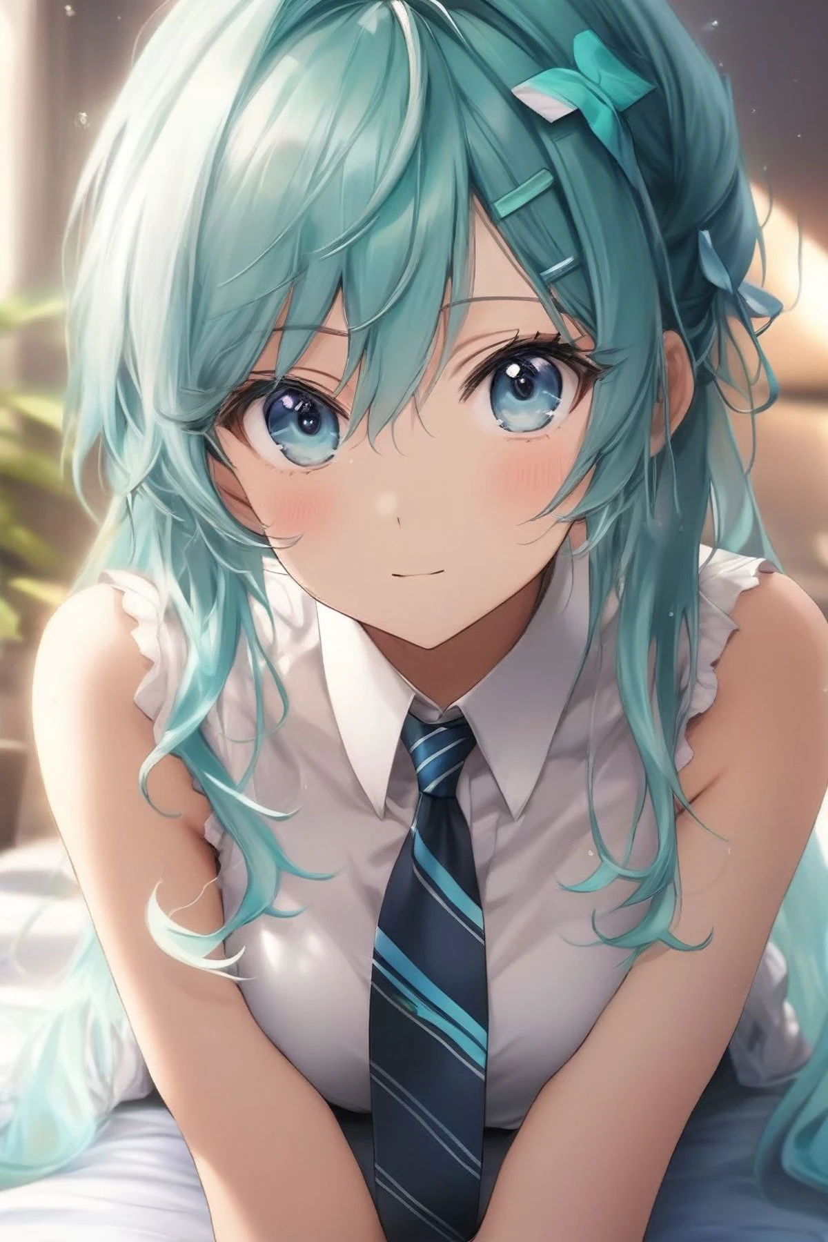 masterpiece,extremely best quality, official art, cg 8k wallpaper, (Fantasy Style:1.1), (artistic atmosphere:1.2),(Korean style:1.3), (nsfw, seductively charming:1.5),
(1 woman, 20 years old,anime,face focus, cute, masterpiece, best quality, 1girl, solo, twintails, necktie, long hair, upper body, shirt, smile, white shirt, sleeveless, looking at viewer, sleeveless shirt, heart, aqua hair, aqua eyes, breasts, closed mouth, bangs, 39, collared shirt, blue necktie, hair between eyes, aqua necktie,:1.2), (miku:1.4),
(bare shoulders,bare thigh:1.5),(narrow waist:1.22),
pixiv 10000 users, highly detailed, pixiv, (beautiful face), incredibly detailed, (an extremely beautiful), (best quality)