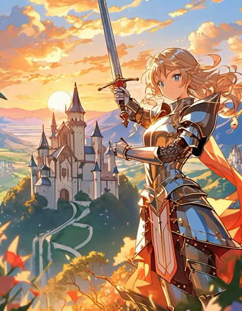 Young woman in medieval metal armor, lifting a sword toward the sky, near a faraway castle at sunset. overlooking a valley, art by J.C. Leyendecker. Anime artwork, anime style, key visual, vibrant, studio anime, highly detailed