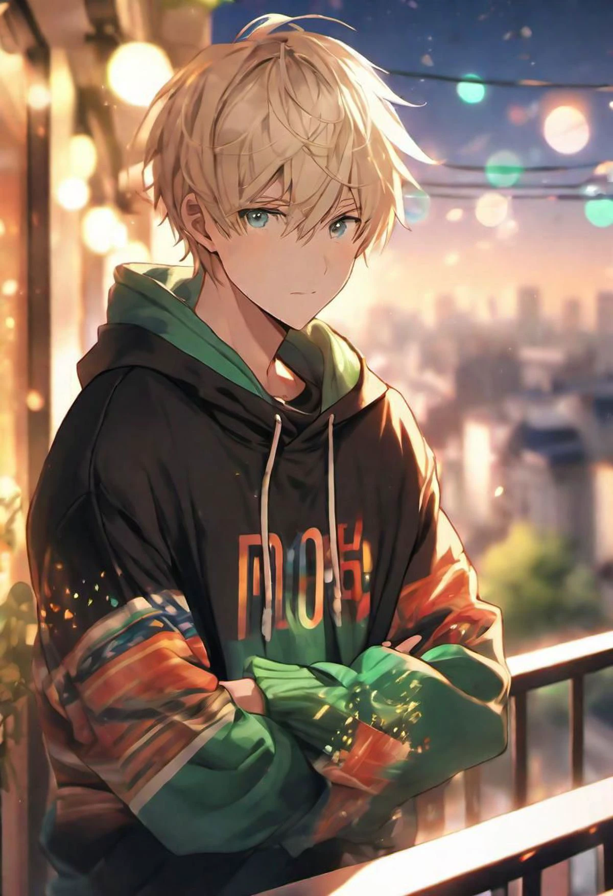 black hoodie ), adult male, narrow emerald eyes, short blond hair, side bangs, calm expression, BREAK, warm colours, BREAK, wallpaper, balcony, BREAK, absurdres, masterpiece, BREAK, <lora:Festive_Bokeh_Anime:0.5>,mioha