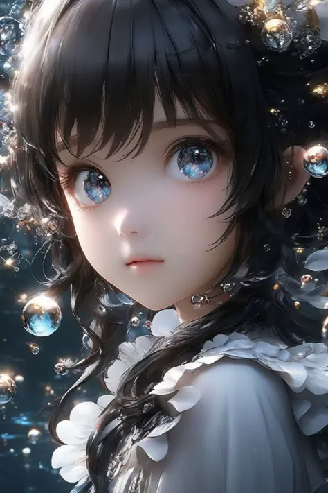 masterpiece,extremely best quality, official art, cg 8k wallpaper, (Fantasy Style:1.1),
(face focus, cute, masterpiece, best quality, 1girl, black background, solo, standing, pixiv:1),3d, looking up,
light particle, highly detailed, best lighting, pixiv, depth of field, (beautiful face), fine water surface, incredibly detailed, (an extremely beautiful), (best quality)