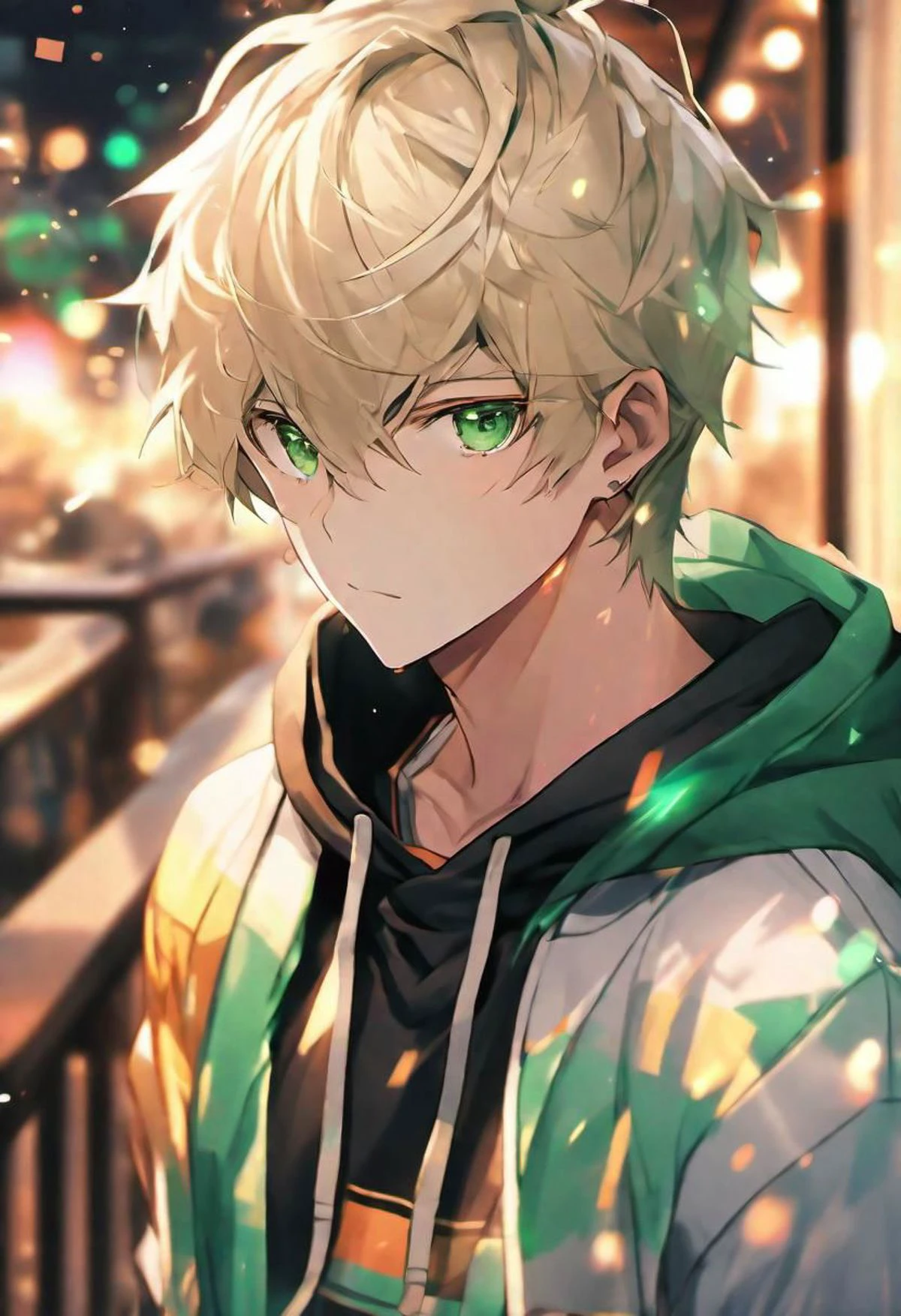 (black hoodie,) adult male, BREAKsharp emerald eyes BREAK , short blond hair, side bangs, calm expression, BREAK, warm colours, BREAK, wallpaper, balcony, BREAK, absurdres, masterpiece, BREAK, <lora:Festive_Bokeh_Anime:0.5>,mioha