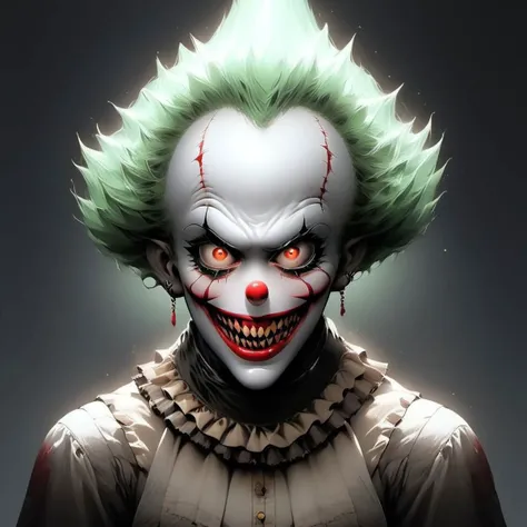 Clown demon, inspired from pennywise from the IT, grotesque, horrifying, eerie, intricate, dark circus aesthetic, scarypunk, horrorcore, demoncore, masterpiece, anime style, spine chilling, hyperdetailed, photorealistic, dynamic lighting, inspired by pinterest art and nijijourney, niji style, best quality