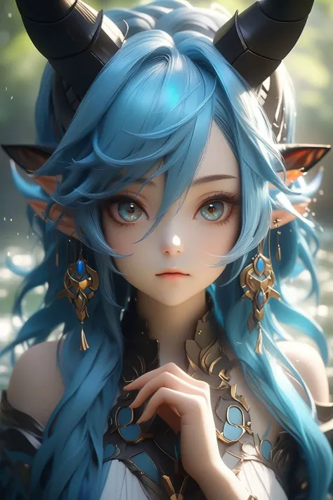 masterpiece, best quality, official art, extremely detailed cg 8k wallpaper,
(face focus upper body:1.5), (a woman with blue hair and horns on her head, a character portrait by Yang J, Artstation, fantasy art, detailed digital anime art, extremely detailed artgerm, artgerm on artstation pixiv:1),
highly detailed, cinematic lighting, (beautiful face), fine water surface, ultra- detailed, incredibly detailed, (an extremely delicate and beautiful), (best quality)