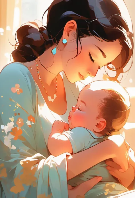 Close up of a mother cradling a , sleeping, art by Pascal Campion, art by Atey Ghailan, art by Joelle Jones style