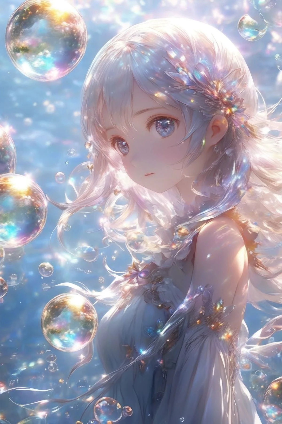 masterpiece,extremely best quality, official art, cg 8k wallpaper, (Fantasy Style:1.1),
(Animated screenshots, magic, stretched girls, and lots of reflection bubbles floating in the air floating on reflective bubbles:1),
looking up, light particle, highly detailed, best lighting, pixiv, depth of field, (beautiful face), fine water surface, incredibly detailed, (an extremely beautiful), (best quality)