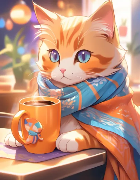 Cat in a scarf holds a coffee mug,  in the style of realistic usage of light and color,  anime aesthetic,  paul bonner,  cute and colorful,  light orange and blue,  in the style of soft-focused realism,  poolcore,  anime aesthetic,  violet and amber,  nostalgic