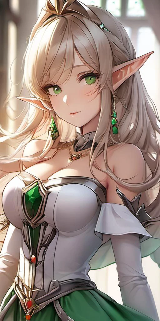 1girl, blonde hair, green eyes, ballgown, breastplate, long hair, large breasts, elf, earrings, (Fantasy Style:1.1), (artistic atmosphere:1.2), (Korean style:1.3), (nsfw, seductively charming:1.5), (from above:1.5),