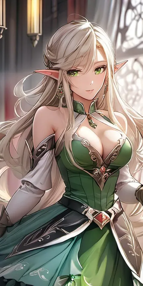 1girl,  blonde hair, green eyes, ballgown, breastplate, long hair, large breasts, elf, earrings, (Fantasy Style:1.1), (artistic atmosphere:1.2), (Korean style:1.3), (nsfw, seductively charming:1.5), (from above:1.5),