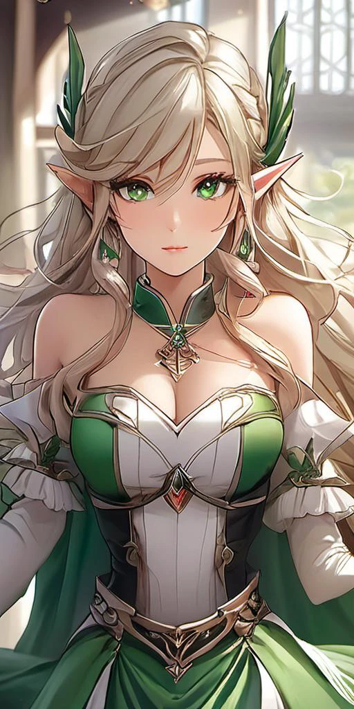 1girl, blonde hair, green eyes, ballgown, breastplate, long hair, large breasts, elf, earrings, (Fantasy Style:1.1), (artistic atmosphere:1.2), (Korean style:1.3), (nsfw, seductively charming:1.5), (from above:1.5),