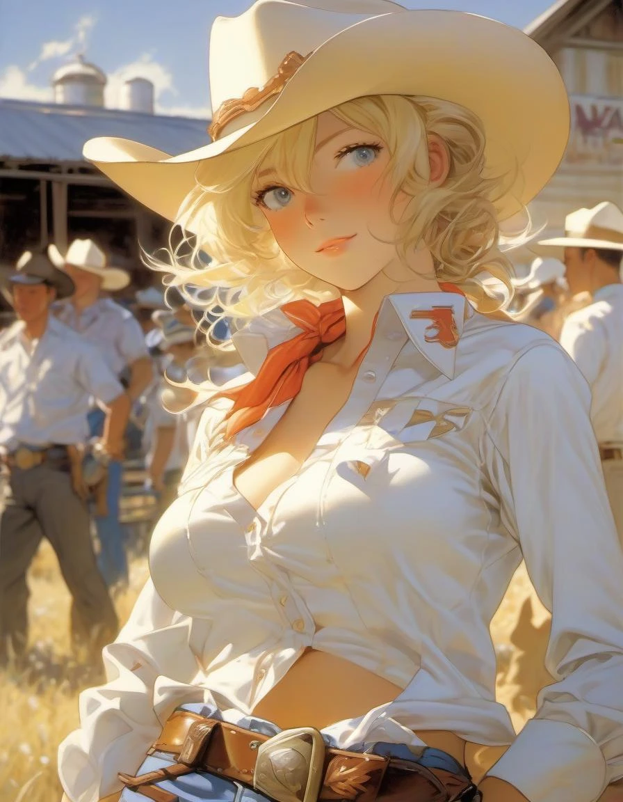 Blonde Cowgirl in white short, art by Makoto Shinkai, art by J C Leyendecker