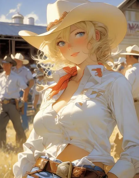 Blonde Cowgirl in white short,  art by Makoto Shinkai,  art by J C Leyendecker