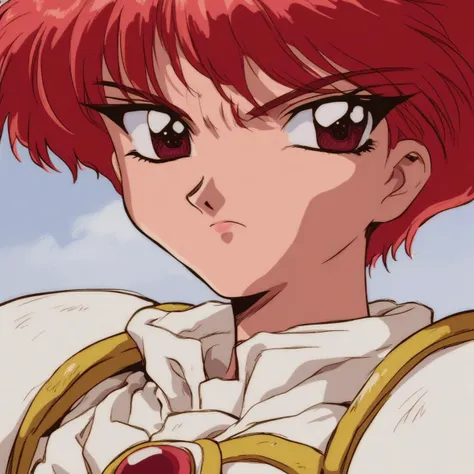 mkr style, 1girl, solo, red hair, retro artstyle, armor, serious, 1990s (style), red eyes, looking at viewer, close-up, closed mouth, short hair, shoulder armor, anime coloring, 2d, flat coloring, cel shading, cel shaded, score_9, score_8_up, score_7_up, score_6_up, score_5_up, score_4_up