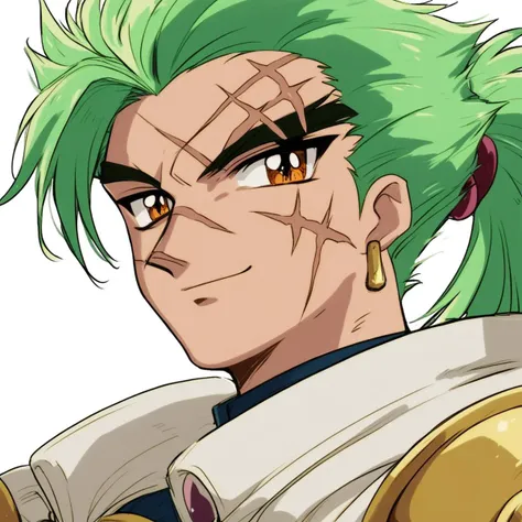 mkr style, 1boy, male focus, solo, scar, green hair, white background, jewelry, scar on face, armor, earrings, smile, brown eyes, simple background, upper body, long hair, looking at viewer, orange eyes, scar on cheek, ponytail, anime coloring, 2d, flat coloring, cel shading, cel shaded, score_9, score_8_up, score_7_up, score_6_up, score_5_up, score_4_up