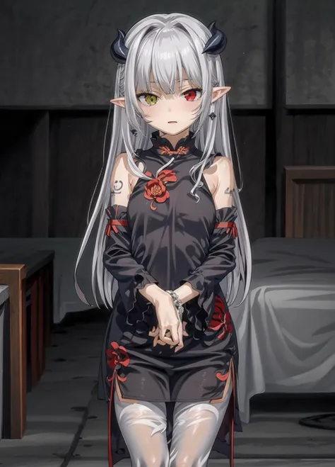 masterpiece,best quality,1girl,solo,looking at viewer,bright light<lora:add_detail:0.7>,jewelry,earrings,necklace,on stomach, outdoors, shopping,
<lora:Claire:0.9>Claire,heterochromia, demon girl, very long hair, pointy ears, grey hair, white pantyhose, horns, <lora:2023-05-14_150133:0.6> qipao,
