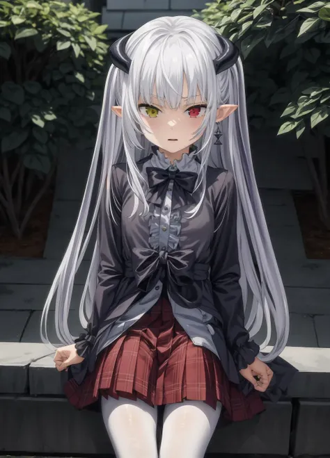 masterpiece,best quality,1girl,solo,looking at viewer,bright light<lora:add_detail:0.7>,jewelry,earrings,necklace,on stomach, outdoors, shopping,
<lora:Claire:0.9>Claire,heterochromia, demon girl, very long hair, pointy ears, grey hair, white pantyhose, horns, <lora:jk:0.6> jk suit, plaid skirt, pleated skirt, shirt, bowtie,