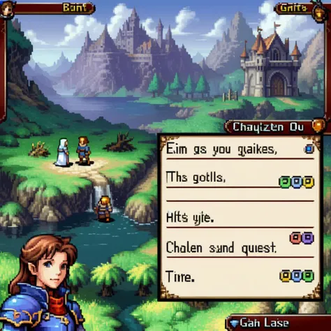 For a gaming-style image, create a classic RPG game scene featuring a detailed dialogue box with character portraits. The setting is vivid and immersive, typical of a fantasy RPG, with a lush, mystical landscape in the background. The character portrait is prominent, placed right next to the dialogue box for easy character identification. The portrait shows a character with expressive features, wearing attire fitting the game's fantasy theme. The dialogue box is styled in an ornate, medieval font, enhancing the RPG feel, and it contains engaging, story-driven text that hints at an epic quest or important decision.,  <lora:gbaplay_rpg:0.7>