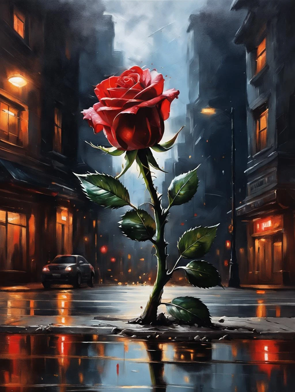 tb, Ultra realistic oil painting of a red rose, growing through the street, stem coming out of the concrete, night, Silhouette lighting, moonlit lighting, UHD 4K resolution, <lora:ThickBrush:0.8>