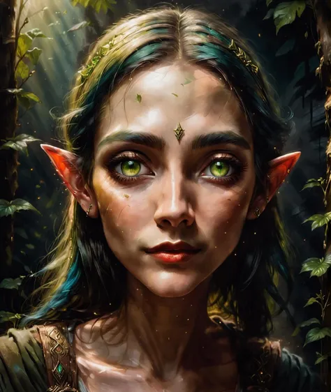 a portrait of a elf girl with freckles and bright striking blue eyes posing for a photo,full body, bare shoulders, muscular, fit, defined abs, thongs, (prominent cameltoe) white freckles, long flowing green hair flying, glowing radiance, beautiful pale makeup, color portrait, stunning portrait, elegant freckles, wearing black thongs with glowing runes of power, black gloves, star-shine, gold dust spread across her skin and her face, (dark, hyper-realistic photos (((portrait))) refraction ,Dark background of magical night forest, deep woods, towering ruins, starlight skies, A mystical and epic landscape, featuring a fantastical and surreal world of floating islands, giant trees, and mythical creatures, that transport the viewer to a world of imagination and wonder, artstation, digital art, intricate, trending, bright colors suitable for viewing in public places A masterpiece, the best quality, stunning reflections, the best reflections ever. (very detailed CG unity 8k wallpapers), (best quality), (best illustrations), (best shadows), forest theme with natural elements. Tall trees, quiet streams, small glowing mushrooms surrounded by delicate leaves and branches, with fireflies and glowing particle effects,, (natural elements), (jungle theme), (leaves), (twigs), (fireflies), butterflies, (delicate leaves), (glow), (particle effects). , Isometric 3D, Octane Rendering, Ray Traced, Super Detailed