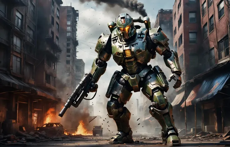 tb, photorealistic movie still of a mech, (spartan helmet:1.3), large gun, war torn city, fire, smoke, blown up buildings, full body, low key lighting, 10k high resolution, action scene, thick oil paint, high quality macro photo, highly detailed, high quality, vibrant colors, art by mooncryptowow, <lora:ThickBrush:0.7> <lora:wowifierXL:0.5>