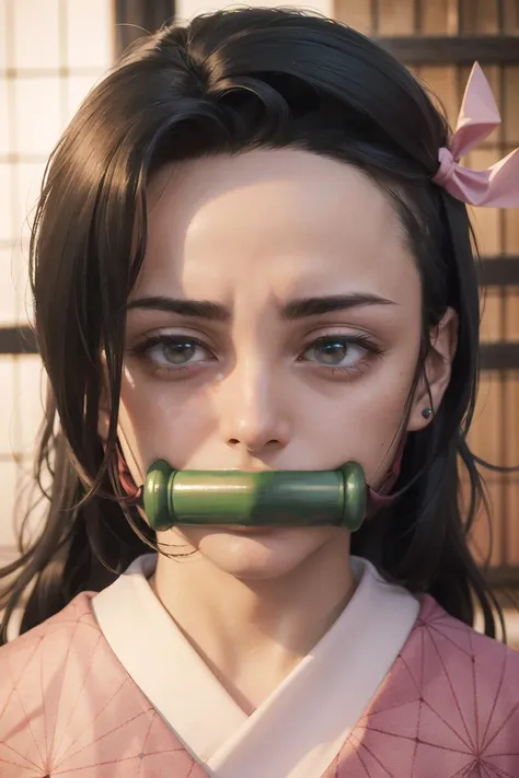 masterpiece, (photorealistic:1.4), best quality, beautiful lighting, NezukoDS, japanese_clothes, kimono, solo, bamboo, bit_gag, gag, pink_kimono, gagged, looking_at_viewer, forehead, haori, mouth_hold, veins, angry, anger_vein, RAW photo, 8k uhd, film grain, <lora:NezukoDS:1>