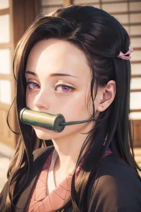 masterpiece, (photorealistic:1.4), best quality, beautiful lighting,NezukoDS, japanese_clothes, kimono, solo, bamboo, bit_gag, gag, pink_kimono, gagged, looking_at_viewer, forehead, RAW photo, 8k uhd, film grain, <lora:NezukoDS:1.2>