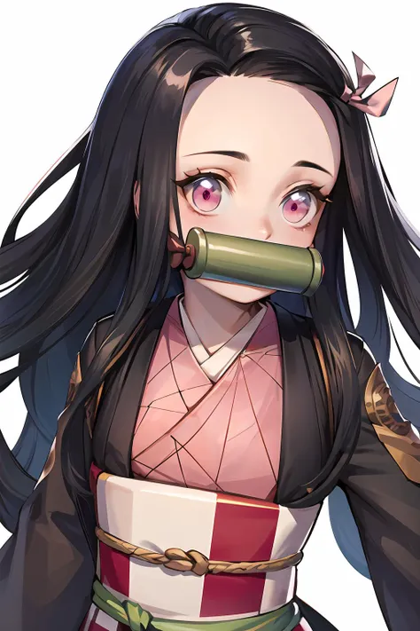 masterpiece, best quality, ultra-detailed, Potrait of beautiful NezukoDS, japanese_clothes, kimono, solo, bamboo, bit_gag, gag, pink_kimono, gagged, looking_at_viewer, forehead, multicolored_hair, haori, obi, sash, checkered_sash, mouth_hold, very_long_hair, brown_hair, sharp_fingernails, two-tone_hair, fingernails, simple_background, white_background, long_sleeves, asa_no_ha_\(pattern\), standing, orange_hair, volumetric lighting, best quality, masterpiece, intricate details, tonemapping, sharp focus, hyper detailed, trending on Artstation, <lora:NezukoDS:1.2>