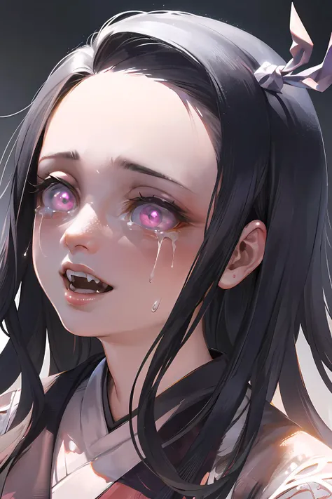 masterpiece, best quality, ultra-detailed, Potrait of beautiful NezukoDS, japanese_clothes, kimono, solo, looking_at_viewer, portrait, sharp_fingernails, fingernails, long_fingernails, slit_pupils, sweat, tears, crying, crying_with_eyes_open, open_mouth, fangs, purple_eyes, volumetric lighting, best quality, masterpiece, intricate details, tonemapping, sharp focus, hyper detailed, trending on Artstation, <lora:NezukoDS:1.2>