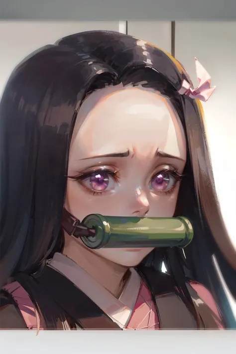 masterpiece, best quality, ultra-detailed, Potrait of beautiful NezukoDS, japanese_clothes, kimono, solo, bamboo, bit_gag, gag, pink_kimono, gagged, looking_at_viewer, forehead, multicolored_hair, mouth_hold, sweat, volumetric lighting, best quality, masterpiece, intricate details, tonemapping, sharp focus, hyper detailed, trending on Artstation, <lora:NezukoDS:1.2>