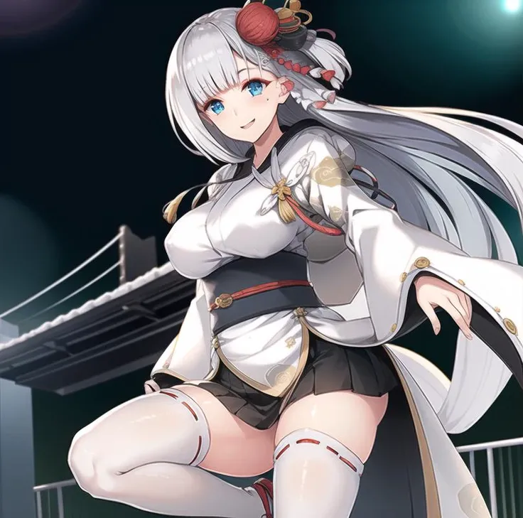(hyper extreme detailed),(masterpeace),(hyper extreme),(photorealistic),CG,1man,1girl, outdoors,  <lora:Shoukaku:1>,Shoukaku,white hair, long hair,ons side hair ornament, blue eyes, kimono, miniskirt, obi,white thighhighs, geta,fingerless gloves,