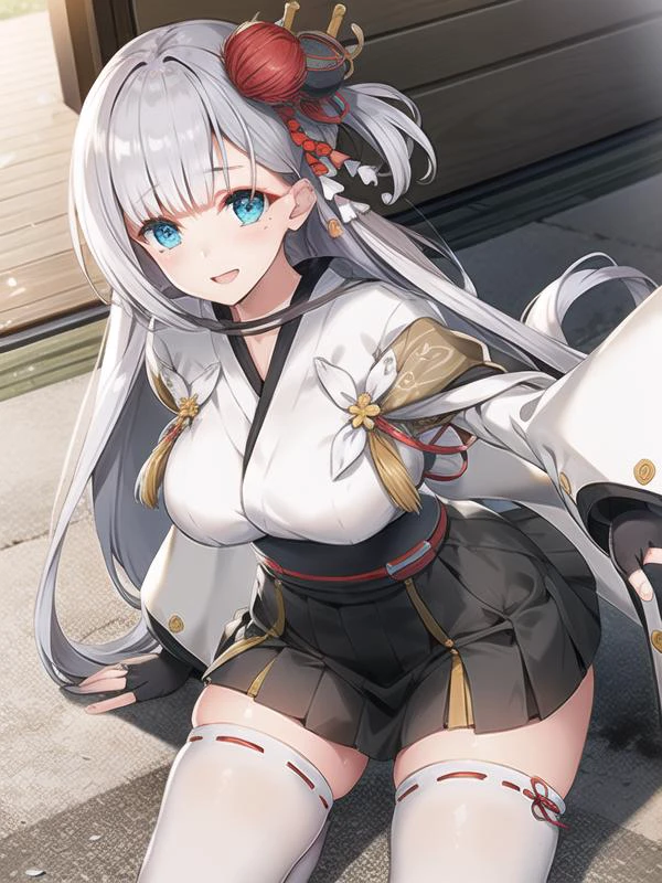 (hyper extreme detailed),(masterpeace),(hyper extreme),(photorealistic),CG,1man,1girl, outdoors, <lora:Shoukaku:1>,Shoukaku,white hair, long hair, hair ornament, blue eyes, kimono, miniskirt, obi,white thighhighs, geta,fingerless gloves,
