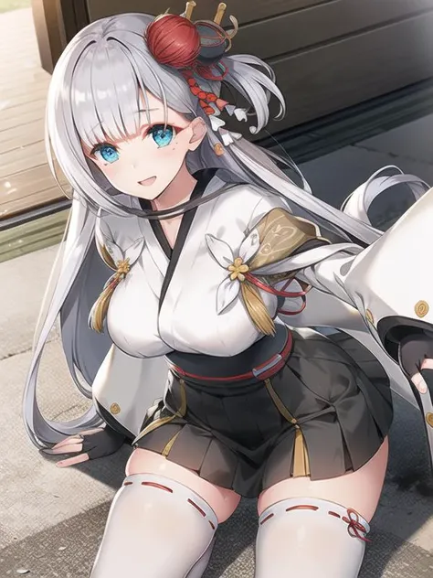 (hyper extreme detailed),(masterpeace),(hyper extreme),(photorealistic),CG,1man,1girl, outdoors,  <lora:Shoukaku:1>,Shoukaku,white hair, long hair, hair ornament, blue eyes, kimono, miniskirt, obi,white thighhighs, geta,fingerless gloves,