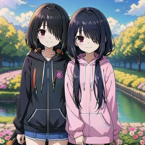 best quality,masterpiece,Super Resolution, 8K , matt ,hyperdetail , 2 girls
km2-low twintails, km2-hair over one eye,
long hair, evil smile, hair over shoulder
girl1:long hair, mature ,18 years old ,black hoodie
girl2: short hair, female child, 9 years old ,pink hoodie
Clouds, flowers, trees, rivers ,