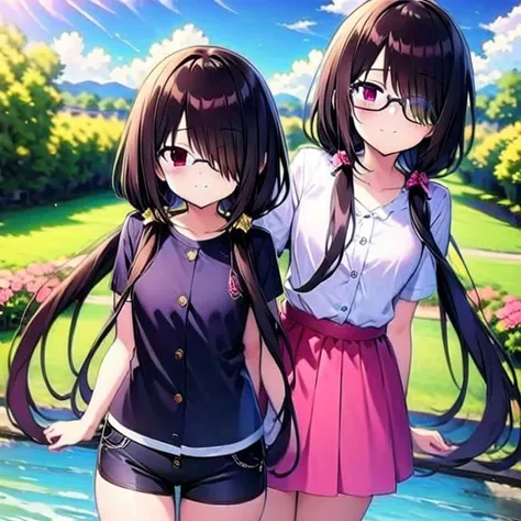 best quality,masterpiece,Super Resolution, 8K , upper body , 2 girls
girl1:Mature woman ,km2-low twintails, km2-hair over one eye,\(clothing collection\),black Button-up shirt,blue short shorts,
girl2: little girl , pink love T-shirt,miniskirt , black semi-rimless eyewear,
long hair, evil smile, hair over shoulder
Clouds, flowers, trees, rivers , <lora:Wk166-000005:0.9>