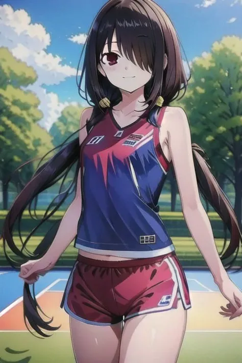 best quality,masterpiece,Super Resolution, 8K ,
km2-low twintails, km2-hair over one eye,\(clothing collection\),sportswear, shorts,
long hair, evil smile, hair over shoulder
Clouds, flowers, trees, rivers ,