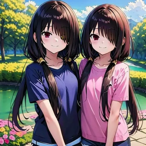 best quality,masterpiece,Super Resolution, 8K , upper body , 2 girls
girl1:Mature woman ,km2-low twintails, km2-hair over one eye,\(clothing collection\),black Button-up shirt,blue short shorts,
girl2: little girl , pink love T-shirt,miniskirt
long hair, evil smile, hair over shoulder
Clouds, flowers, trees, rivers , <lora:Wk166-000005:0.9>