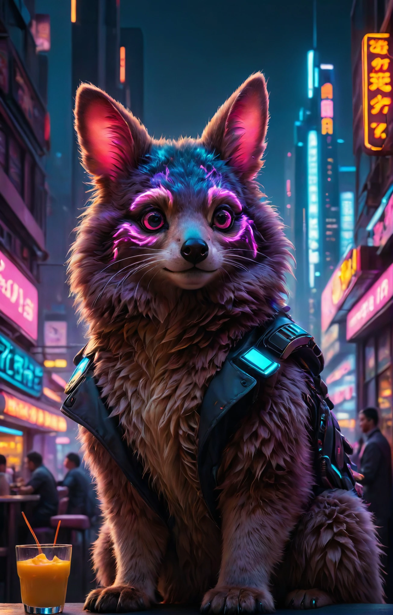 cyberpunk cityscape, (fluffy animal portrait), Diner aesthetics, soft-hued colors, stunning background. dark and moody, a mesmerizing blend of light and shadow. masterpiece, absurdres, intricate details <lora:cute_fluffy_sdxl:0.8>, neon lights, dark alleys, skyscrapers, futuristic, vibrant colors, high contrast, highly detailed