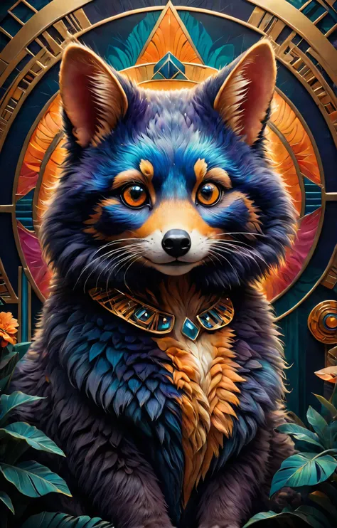 Art Deco, (fluffy animal portrait), Retro-Futurism aesthetics, vibrant colors, stunning background. dark and moody, a mesmerizing blend of light and shadow. masterpiece, absurdres, intricate details <lora:cute_fluffy_sdxl:0.8>, sleek, geometric forms, art deco style