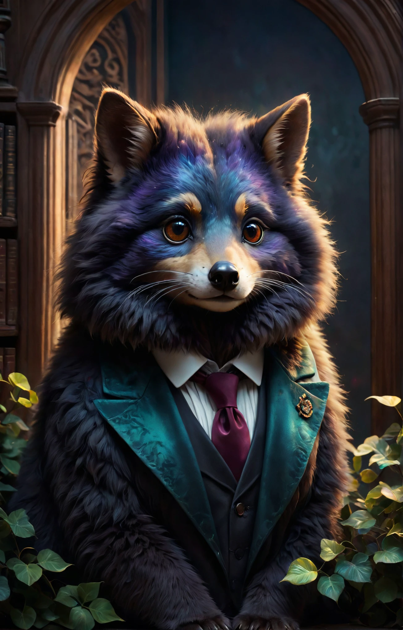 Academia, (fluffy animal portrait), Antique Grunge aesthetics, iridescent colors, stunning background. dark and moody, a mesmerizing blend of light and shadow. masterpiece, absurdres, intricate details <lora:cute_fluffy_sdxl:0.8>, preppy Ivy League style, stark, dramatic, chic boarding school, academia