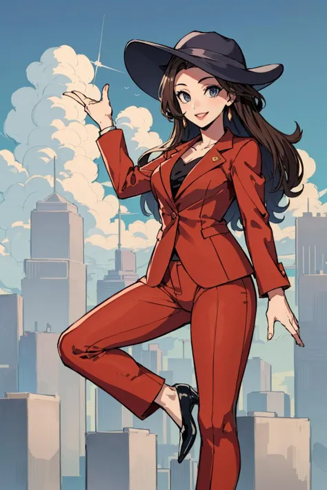 masterpiece, best quality, pauline, purple hat, red jacket, red pants, high heels, smile, looking at viewer, city street, sky, clouds <lora:pauline-nvwls-v4-000012:0.9>