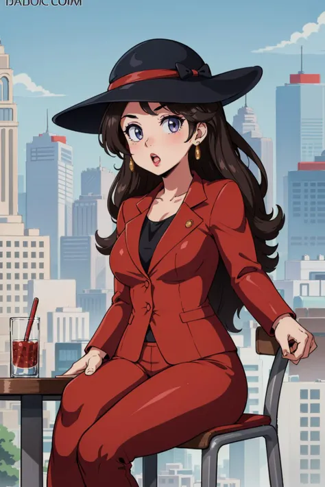masterpiece, best quality, pauline, purple hat, red jacket, red pants, high heels, looking at viewer, city street, sitting at a table, chair, surprised <lora:pauline-nvwls-v4-000012:0.9>