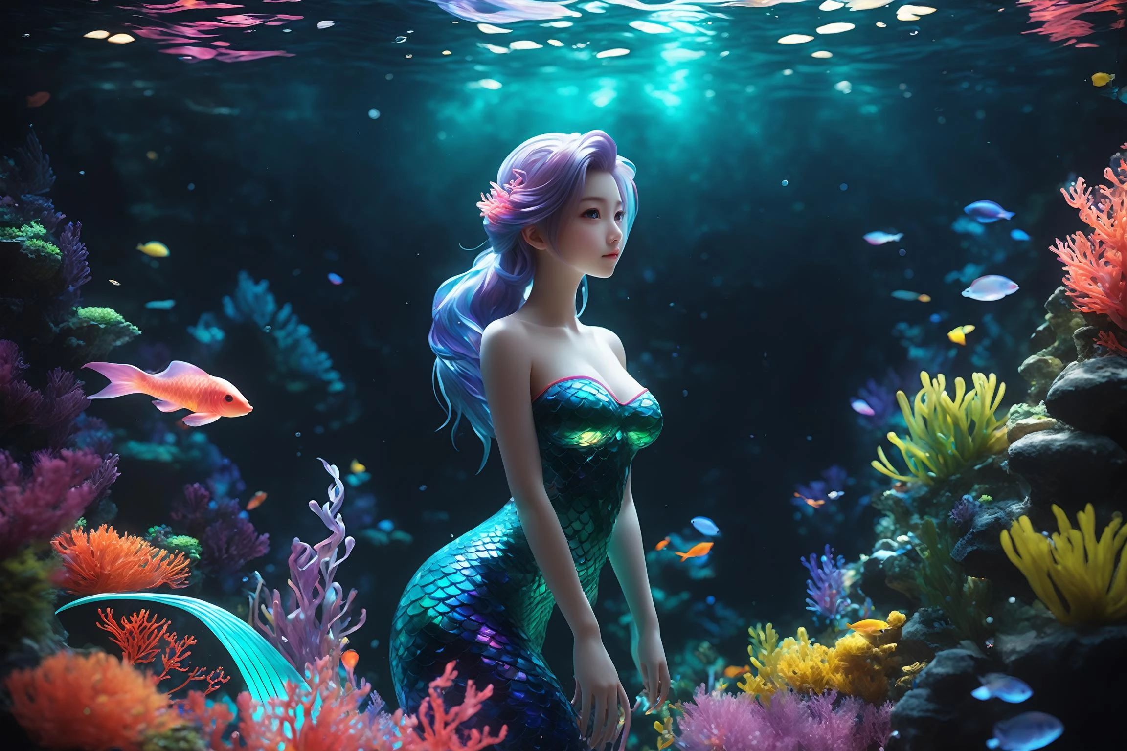 Cinematic of mermaid, small_nose, (èå°å°), realistic artwork, high detailed, professional, full body photo of a transparent porcelain cute creature looking at viewer, with glowing backlit panels, anatomical plants, deep ocean coral garden, grainy, shiny, with vibrant colors, colorful, ((realistic skin, glow, )) surreal objects floating, ((floating:1.4)), contrasting shadows, photographic, niji style, 1girl, xxmixgirl, FilmGirl, aura_glowing, colored_aura, Movie Still, final_fantasy_vii_remake, ((normal_breast:1.3))