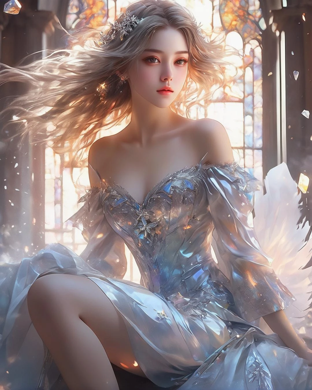 1girl, a detailed organ die dress, sitting, burning hair, crystalstextureHair, Iridescence hair, watercolor_(medium), large top sleeves, Floating white silk, no shoe, star hair ornament, Many ice cubes surround the girl, ice and fire melt, detailed dice, ice crystal texture wings, spark, burning, Burn one self in flames, bare knee, snowflake, burning sky, the smoke of gunpowder, Ice is floating in the air, a hell on earth, floating glass fragments, Hiten, an extremely delicate and beautiful girl, gothic architecture, , Ambient light, beautiful detailed glow, ray tracing, cinematiclighting, reflective hair, beautiful detailed eyes, extremely detailed hair, beautiful detalied hair, floating hair, wind lift, detailedcuteanimeface, an extremely delicate and beautiful, bestillustration, best quality, highly detailed, illustration, extreme body details, extremely detailed CG unity 8k wallpaper, anextremelydelicateandbeautifu, eyes the same size, gorgeous, Broken glass, magiccircle, beautifuldetailedwhitegloves, fire, Bare shoulders, Depth of field, cowboy shot, , (masterpiece, best quality:1.5)
